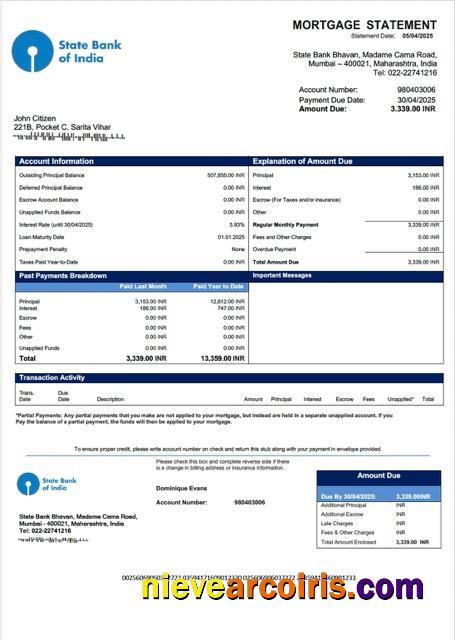India State Bank of India mortgage statement Word and PDF template